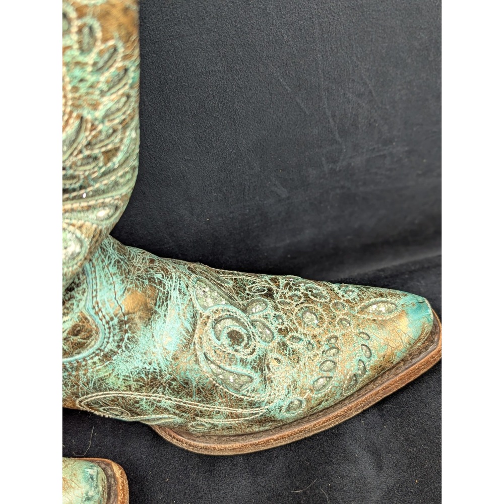 Corral Boots 7.5M Pointed Snip Toe Women Bronze/Turquoise Engraved Glitter Inlay - Picture 8 of 16